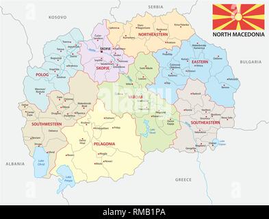 north macedonia administrative and political vector map with flag Stock Vector