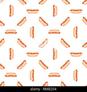 Cartoon cute Hotdogs on white background. Seamless pattern. Flat vector illustration. Stock Vector