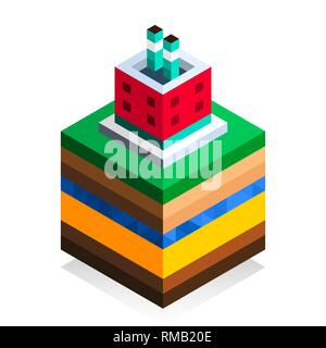Factory building in isometric style. The structure of the earth. Cartoon scheme. Isolated on white background. Geology scheme. Flat vector stock illus Stock Vector