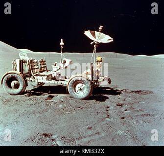 Lunar rover of the Apollo 15 mission in front of Hadley Mountain. The lunar rover was used by Apollo 15 (July / August 1972) for the first time to study the geology of the Moon. It was the first lunar rover that could carry two astronauts. Stock Photo
