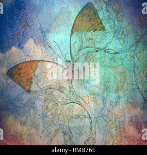 grunge butterfly background texturewith hand painted flowers Stock Photo