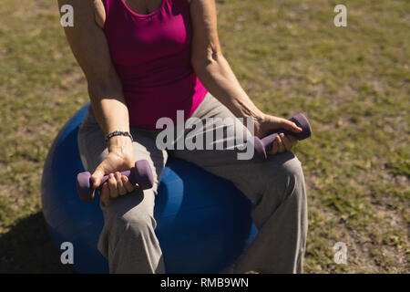 Senior woman exercising with dumbbells in the park Stock Photo