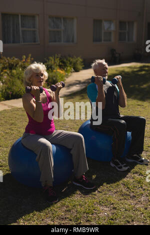 Senior couple exercising with dumbbells in the park Stock Photo