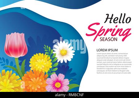 Hello spring greeting card and invitation with blooming flowers background template. Design for decor, flyers, posters, brochure, banner. Stock Vector