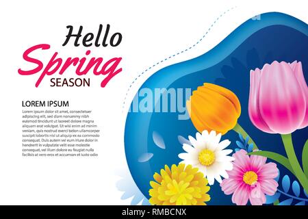 Hello spring greeting card and invitation with blooming flowers background template. Design for decor, flyers, posters, brochure, banner. Stock Vector