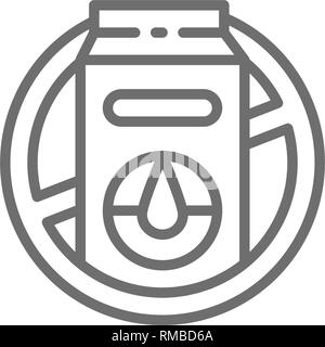 Forbidden sign with milk packaging, lactose allergy line icon. Stock Vector