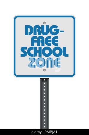 Vector illustration of the Drug Free School Zone white and blue sign Stock Vector
