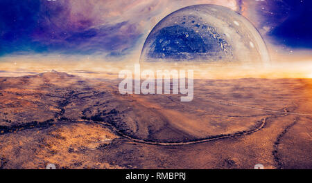 Alien fantasy panoramic landscape - unreal planet rising over desert. Elements of this image are furnished by NASA Stock Photo