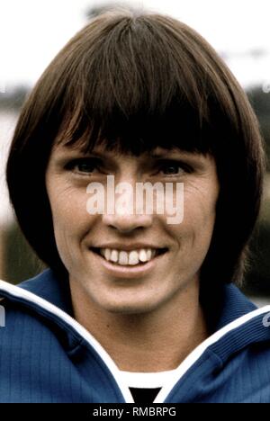 Baerbel Woeckel, born Eckert in 21.03.1955, a GDR track and field athlete, Olympic champion at the Olympics 1976 in Montreal and 1980 in Moscow in the women's 200-meter sprint. Photo from August 1982, at a sports festival in Frankfurt am Main Stock Photo