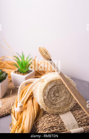 Bamboo Toothbrush and Ecological Cleaners from Loofah and Bast - Bathroom Accessories in Zero Waste Style Stock Photo