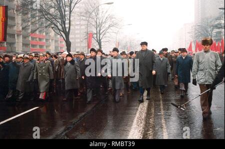 On 17 January, 1988 took place the annual demonstration  in East Berlin on the occasion of the 69th anniversary of the murder of Karl Liebknecht and Rosa Luxemburg. From left to right: Erich Honecker, General Heinz Kessler, Erich Mielke, Egon Krenz and Guenter Schabowski. Stock Photo