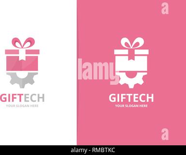 Vector gift and gear logo combination. Unique surprise and industrial logotype design template. Stock Vector