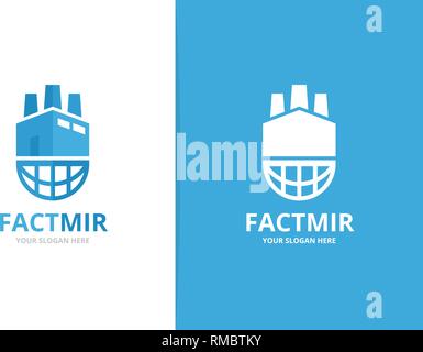 Vector factory and planet logo combination. Unique manufacturing and globe logotype design template. Stock Vector
