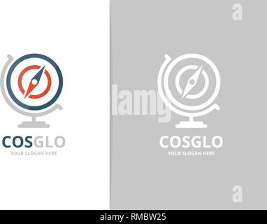 Vector compass and globe logo combination. Unique travel logotype design template. Stock Vector