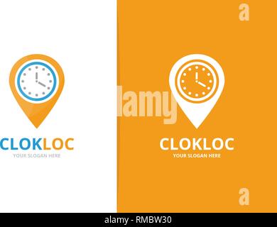 Vector clock and map pointer logo combination. Unique express and pin logotype design template. Stock Vector