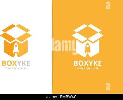 Vector box and rocket logo combination. Unique delivery and flight logotype design template. Stock Vector