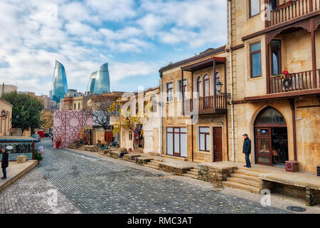 Baku Flame Towers and Old Town, Azerbaijan, taken in January 2019 Stock Photo