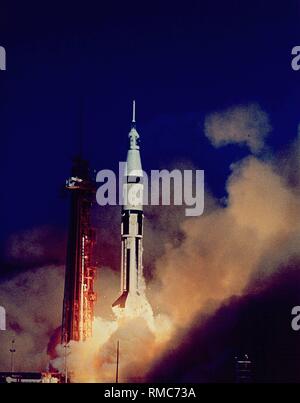 Takeoff of Apollo 7 in the first phase. This Apollo mission was the only one to be launched into space with a Saturn 1B launch vehicle. Apollo 7 was the first manned test of the Apollo Command Module (Command and Service module). Stock Photo