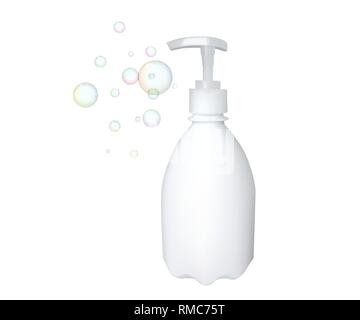 Plastic bottle with dispenser. Vector illustration. Soap container. Bubble. Stock Vector