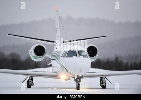 The plane carrying the Duke of Sussex arrives for his visit to Exercise Clockwork in Bardufoss, Norway, for a celebration of the 50th anniversary of the Commando Helicopter Force and Joint Helicopter Command deploying for extreme cold weather training. Stock Photo