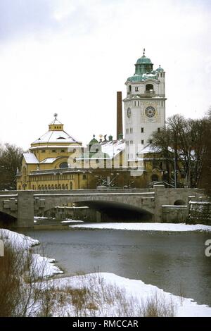 The 'Muellersches Volksbad' in the Isarauen, Munich in winter. Stock Photo