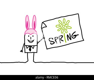 Cartoon man with rabbit hat and spring time Stock Vector