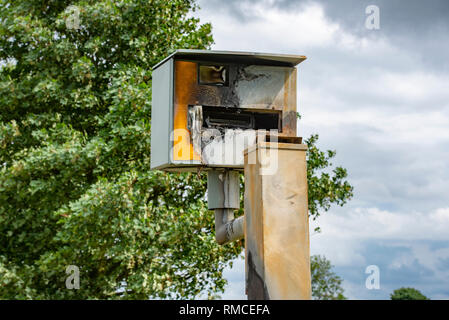 Vandalised Gatso speed camera on the A523, Leek, Staffordshire. Stock Photo