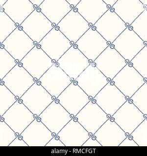 Hand-Drawn Rope Diagonal Plaid with Zeppelin Bend Nautical Knots Vector Seamless Pattern. White and Blue Marine Background. Sea, Ocean Elements. Stock Vector