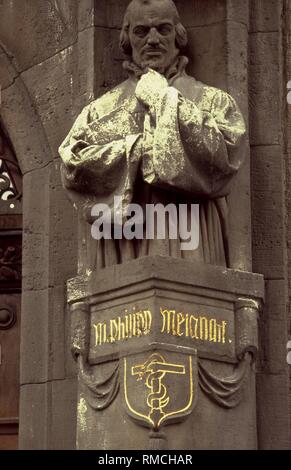 Portrait bust of the reformer and humanist Philipp Melanchthon (born Philipp Schwarzerd, 1497-1560) made of stone. Melanchthon was the most important collaborator of Martin Luther, he was particularly concerned with the high and Latin school system, which is why he was given the honorary title of 'Praeceptor Germaniae' (Teacher of Germany). Stock Photo