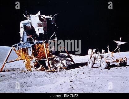The Landing Module 'Orion' with the lunar rover, which was used for the second time in the Apollo 16 mission. Apollo 16 (April 16-24, 1971) was the fifth manned Moon landing mission of NASA. Stock Photo