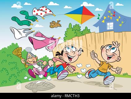 The illustration shows a boy and a girl on vacation in the countryside. They frolic and launch a kite. Stock Vector