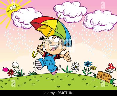 On the illustration of a girl with an umbrella walks in the summer rain.  Illustration done in cartoon style, on separate layers. Stock Vector