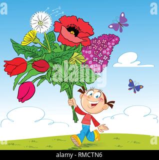 The illustration shows a cheerful girl. She runs across the grass with a bouquet of flowers. Illustration done in cartoon style. Stock Vector