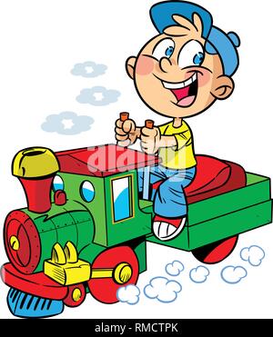 The illustration shows a boy who plays in engineer a toy locomotive. Illustration done in cartoon style. Stock Vector