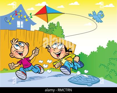 The illustration shows a boy and a girl on vacation in the countryside. They frolic and launch a kite. Stock Vector