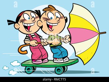 In the illustration cartoon girl and boy. They ride on the board for a skateboard. Stock Vector