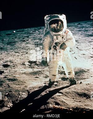 Second man on the Moon. Astronaut Edwin Aldrin, descends the steps of ...