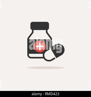 Medicine bottle and pills color icon with shade on a beige background. Vector illustration Stock Vector