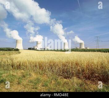 The Cattenom nuclear power plant with four reactor blocks in Lorraine, Alsace. Stock Photo