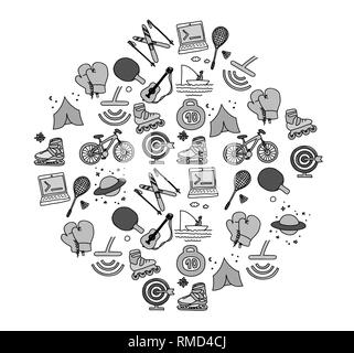 Hobbies men objects sport tourism coding grayscale Stock Vector