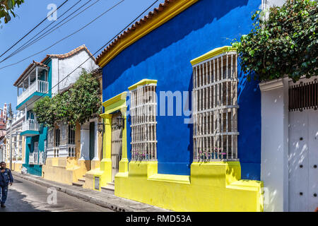 Colourful house facade, Barrio San Diego, Cartagena de Indias, Colombia. Stock Photo