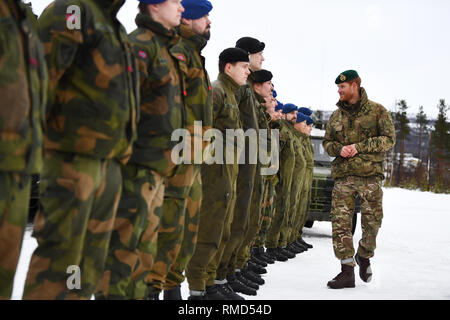 The Duke of Sussex talks to Norwegian service personnel during a visit to Exercise Clockwork in Bardufoss, Norway, for a celebration of the 50th anniversary of the Commando Helicopter Force and Joint Helicopter Command deploying for extreme cold weather training. Stock Photo