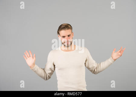 I am fed up. Just leave me alone. Man tired hopeless handsome unshaven stylish macho, grey background. Man fed up with life problems. Guy unlucky hopeless sick of problems give up. Stock Photo
