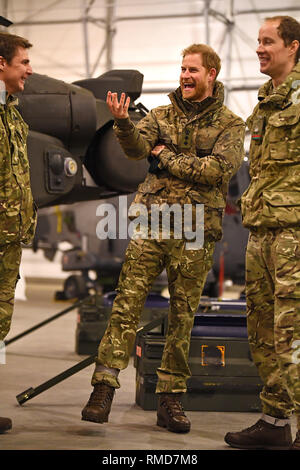 The Duke of Sussex talks to service personnel during a visit to Exercise Clockwork in Bardufoss, Norway, for a celebration of the 50th anniversary of the Commando Helicopter Force and Joint Helicopter Command deploying for extreme cold weather training. Stock Photo