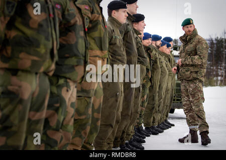 The Duke of Sussex talks to Norwegian service personnel during a visit to Exercise Clockwork in Bardufoss, Norway, for a celebration of the 50th anniversary of the Commando Helicopter Force and Joint Helicopter Command deploying for extreme cold weather training. Stock Photo