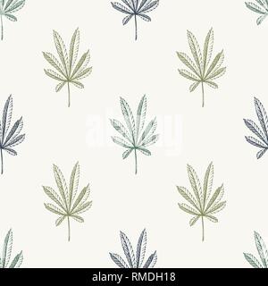 Vector simple Seamless pattern of hemp plant on a beige background cannabis texture Stock Vector