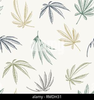 Vector colorful Seamless pattern of hemp plant on a beige background cannabis texture Stock Vector
