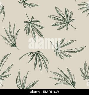 Vector outline Seamless pattern of hemp plant on a beige background cannabis texture Stock Vector