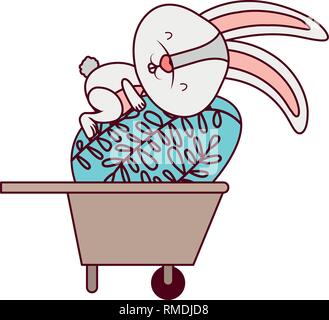 bunny with wheelbarrow and easter eggs icon Stock Vector