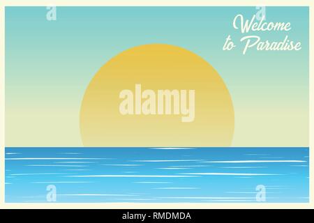 Seascape. Sunset on the ocean. Sunrise Postcard. Welcome to paradise. Summer background. Vector illustration Stock Vector